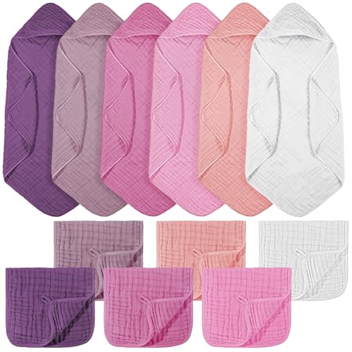 VitalCozy 12 Pcs Baby Muslin Hooded Bath Towels and Washcloths, 32 x 32 Inch Muslin Cotton Hooded Baby Towels Absorbent Hooded Blankets for Gift Newborn Infant Shower (Pink Purple Series)