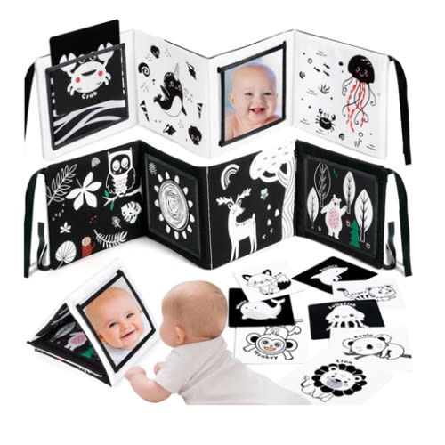 URMYWO Black and White Baby Toys, Tummy Time High Contrast Newborn Toys 0-3 Months, Baby Boy Girl Gifts, Visual Stimulation Learning Activity Cards, Soft Baby Book, Montessori Infant Toys 0-12 Months