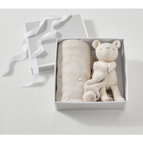 Cotton Sweater Knit Baby Blanket and Bear Thumbie Set