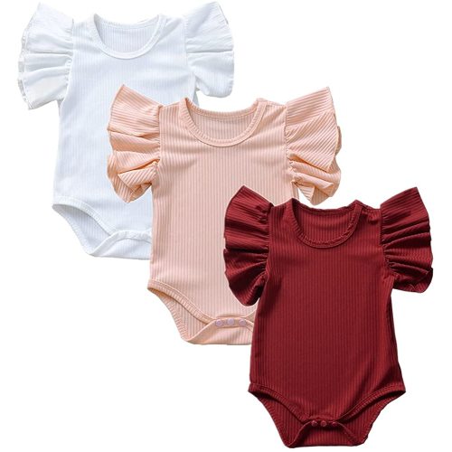 Baby Girls' Short-Sleeve Bodysuit Funny Ruffles Flower Jumpsuit Outfit for Infant Toddlers 3-Pack