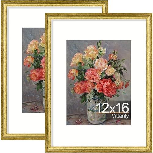 Vittanly 12x16 Picture Frames Set of 2, Ornate Vintage Photo Frame for Wall Mount, Display 8.5x11 Pictures with Mat or 12x16 without Mat, Rustic Gold