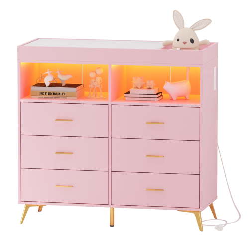 Towallmark 6 Drawer Dresser Changing Table Dresser with Changing Pad, LED Lights & Charging Station for Nursery Bedroom