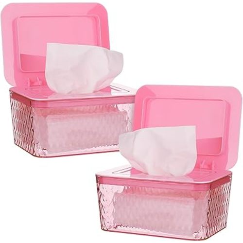 Wipes Dispenser, One-Handed Operation Wipe Holder for Baby & Adult, Seal-Designed Wipes Container for Bathroom Keep Diaper Wipes Fresh (2 Pack Pink)
