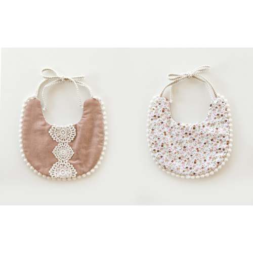 Scalloped Bib in Crochet Rosy Brown & Buttercups // Double Sided