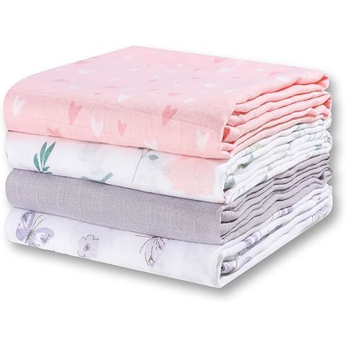 Little Grape Land Muslin Swaddle Blankets Boys and Girls, 100% Cotton 4 Pack Muslin Baby Blanket Large Breathable Newborn Receiving Blanket, Cotton Baby Swaddle Blankets Unisex 47''x47'', Purple Pink