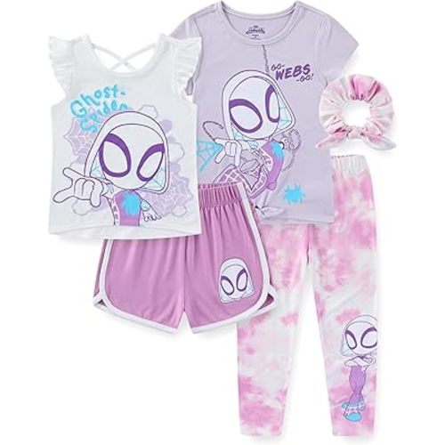 Marvel Spider-Gwen Ghost Spider Girls Mix & Match 5 Piece Outfit Set with 2 Tops, Legging, Shorts & Scrunchie for Little Kids