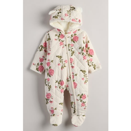 Hooded Quilted Fleece Lined Bunting, Ivory Egret Mood Floral, 0-3M