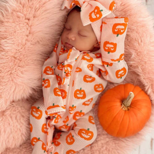 Organic Waffle Ruffle Zip Footie, Blush Jack-O-Lantern