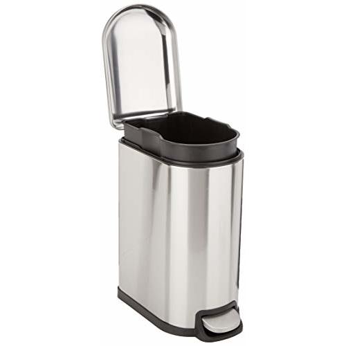 Amazon Basics D-Shaped Small Trash Can with Lid and Soft-Close Foot Pedal for Bathroom, Bedroom, Living Room, Office, Smudge Resistant, 10 l / 2.6 gallon, Silver