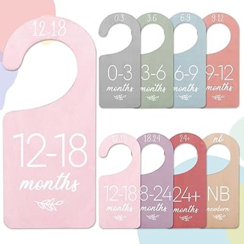 Waline 8Pcs Boho Design Hanging Wooden Colorful Baby Closet Size Hanger Organizer Double-Sided Newborn to 24 Months Thicken Baby Wardrobe Organizer