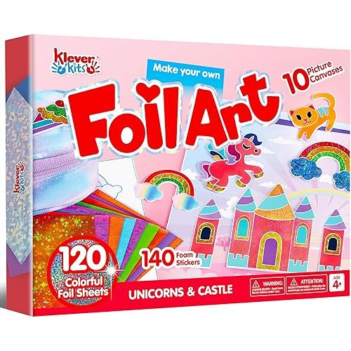 Klever Kits Foil Art Kit for Kids - Arts & Crafts Supplies, Mess Free Coloring, Foil Foam Stickers, Creative Travel Toys, Birthday Easter Gifts for Boys & Girls Ages 4 5 6 7 8 9