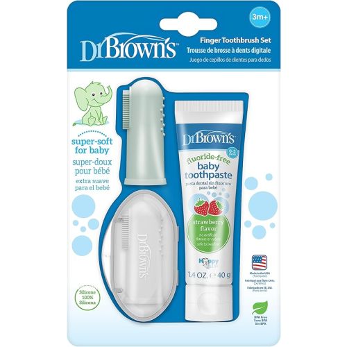 Dr. Brown's 100% Silicone Baby Finger Toothbrush and Toothpaste Set, 2-Pack Toothbrush with Storage Case, Fluoride-Free Strawberry Toddler Toothpaste, Gray & Light-Green