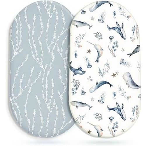 GRSSDER Stretchy Ultra Soft Fitted Bassinet Sheet Set 2 Pack, Universal Fit for Bassinets Baby Cradle Moses Basket Oval Rectangle Mattress Safe and Snug, Sea Fish Print
