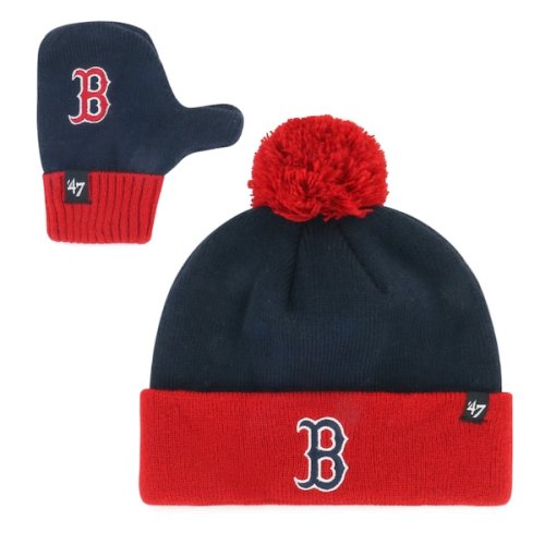 Boston Red Sox '47 Toddler Bam Bam Cuffed Knit Hat with Pom & Mittens Set - Navy