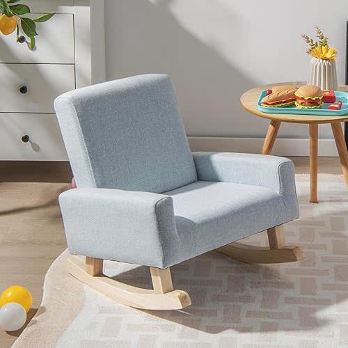 GLACER Toddler Rocking Chair, Fabric Kids Rocker w/Solid Wooden Frame & Non-Slip Mat, Anti-Tipping Design, Comfy Indoor Sofa for Living Room, Playroom, Bedroom (Blue)