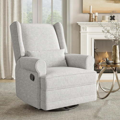 Royalcraft Swivel Nursery Glider Recliner, Comfy Upholstered Glider Chair with Lumbar Pillow and Footrest, Swivel Rocking Chair for Living Room, Grey