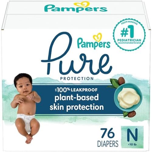Pampers Pure Protection Diapers, Size 0, 76 Count for Up to 100% Leakproof, Plant-Based Skin Protection