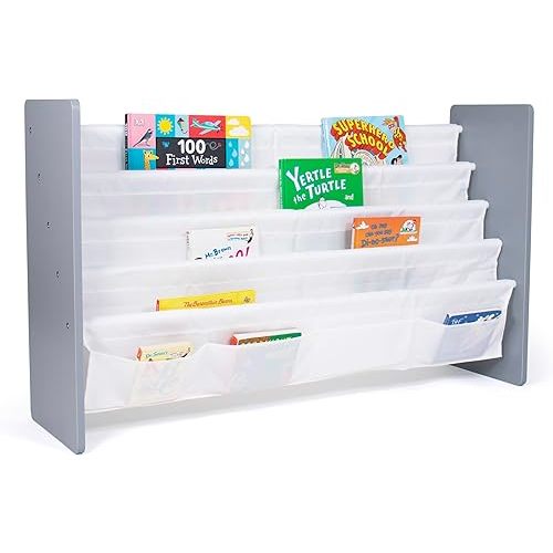 Humble Crew Inspire Extra Large Kids 4 Tier Bookrack with 4 Front Pockets for Smaller Books, Grey/White