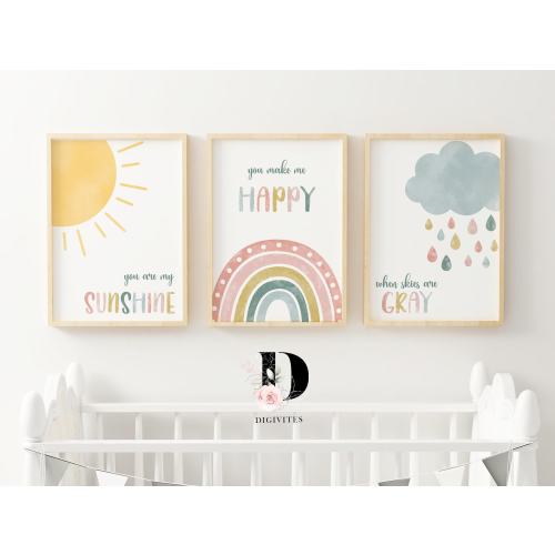 Boho nursery prints, rainbow nursery, Gender Neutral, You are my sunshine, Set of 3, Printable Nursery art, Nursery wall art, Sunshine print