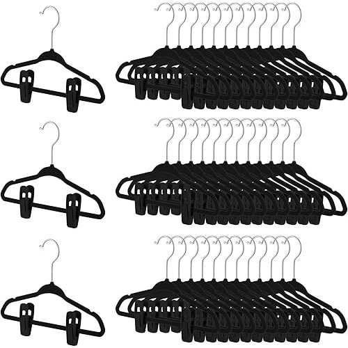 Soaoo 150 Pcs Baby Velvet Hangers with Clips 50 Velvet Hangers and 100 Non Slip Clips for Kids Pants, Shirts, Dresses(Black)
