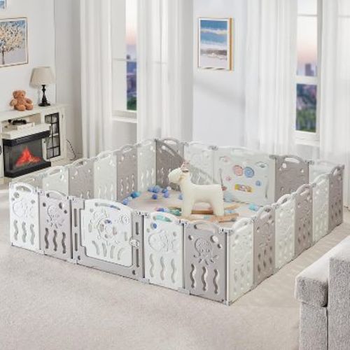 AMERLIFE Baby Playpen, Upgraded Portable Foldable Baby Fence with Game Panel and Safety Gate