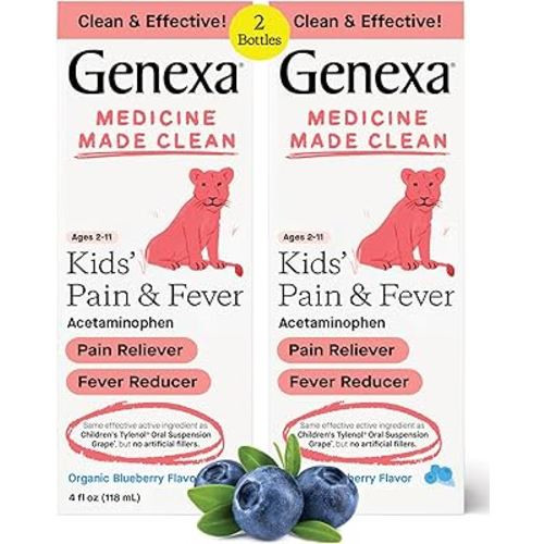 Genexa Kids’ Pain and Fever Reducer | Childrens Acetaminophen, Dye Free, Liquid Oral Suspension Medicine for Kids 2-11 | Delicious Organic Blueberry Flavor | 160 mg per 5mL | 8 Fluid Ounces (2 Pack)