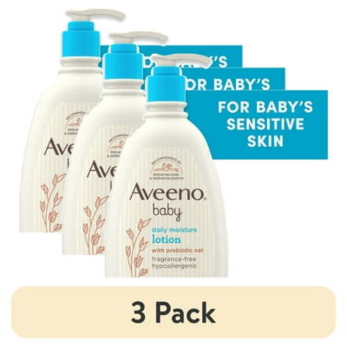 (3 pack) Aveeno Baby Daily Moisture Body Lotion for Sensitive Skin with Natural Colloidal Oatmeal, Suitable for Newborns, 18 FL OZ
