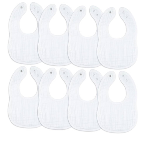Comfy Cubs Muslin Bibs for Babies, Pack of 8 - Soft and Highly Absorbent, Feeding, Drool and Teething Bib, Adjustable Snaps - Stylish & Colorful Unisex Designs, Giftable Set - White