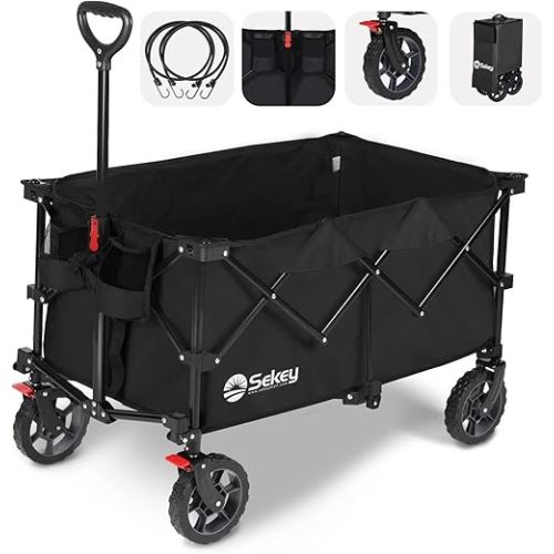 Sekey 220L Collapsible Foldable Wagon with 330lbs Weight Capacity, Heavy Duty Folding Wagon Cart with Big All-Terrain Wheels & Drink Holders (Black)