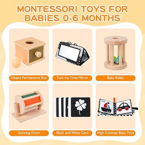 Early Learning Toy for 0-6 Months, Montessori Baby Toys 6 in 1 Learning Educational Set - Object Permanence Box, Baby Roller, Spinning Drum, Black and White High Contrast Baby Toys, Tummy Time Mirror - 0-6 MONTHS - Medium