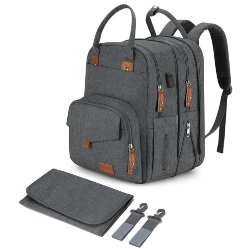 Large Diaper Bag Backpack for Two Kids Twins - Expandable Baby Bag (26-36L), Dual Big Compartments - Includes Changing Pad & Stroller Straps, Unisex Dark Grey