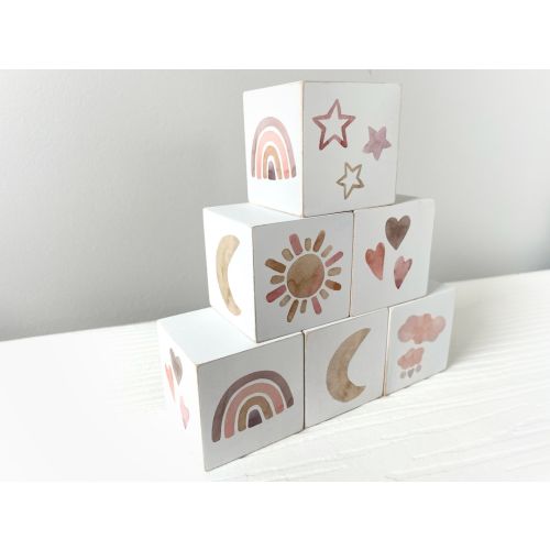 Rainbow Nursery Décor -  Muted Rainbow for Minimalist Nursery - Neutral Moon, Stars, Clouds Watercolor Baby Blocks