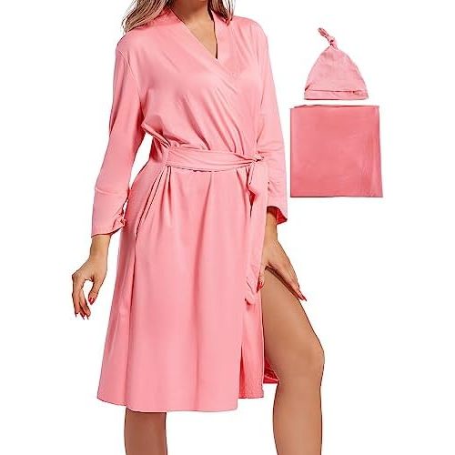 SUFEINI Maternity Mommy Robes with Matching Swaddle Blanket Set, Maternity Mommy Postpartum Bathrobe Sleepwear