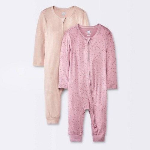 Baby Girls' 2pk Stars So Very Soft Modal Blend Romper - Cloud Island™ Dark Pink 6-9M: Long Sleeve, Front Zipper, Machine Washable