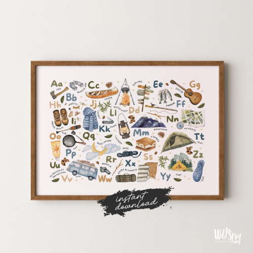 Modroom Camping Alphabet Print | Adventure Poster | Outdoorsy Wall Art | Nursery Decor | Whimsical Camping Art | Kids Room Decor | Watercolor Poster Wall Art, Modern Wall Decor, 24x36 UNFRAMED