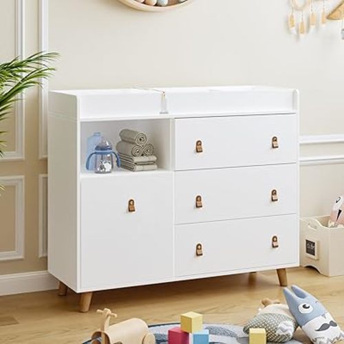 Cambiador de bebé para bebés, cómoda de guardería con cajones, cambiador de almacenamiento, color blanco
