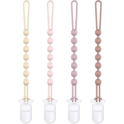 Cuddle Campus Silicone Pacifier Clip Holder with One Piece Design,Soft Flexible Binky Clips with Texture for Baby Boy and Girl Pack of 4 Plastic Clip (0-6m)