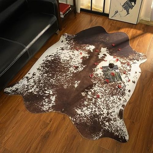 Faux Cowhide Rug 4.6 x 5.2ft, Non Slip Cow Hide Rugs for Living Room Bedroom Home Decor, Cute Animal Rug, Coffee Brown