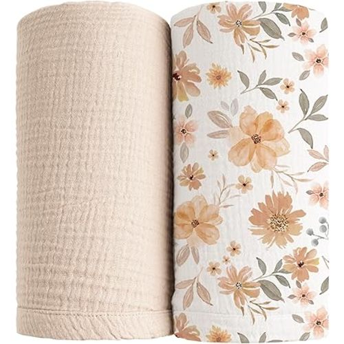 Konssy Muslin Swaddle Blankets for Boys Girls, 2 Pack Receiving Baby Blanket Large 47 x 47 inches, Soft Breathable Swaddling Wrap for Unisex Newborn (Lemon Blossom,Cream)