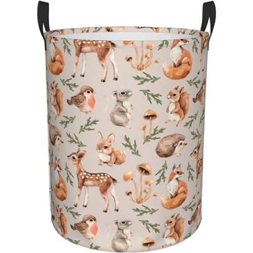 38L Round Laundry Hamper Forest Little Animals Storage Basket Waterproof Coating Deer Squirrel Fox Hedgehog Bird Organizer Bin For Nursery Clothes Toys