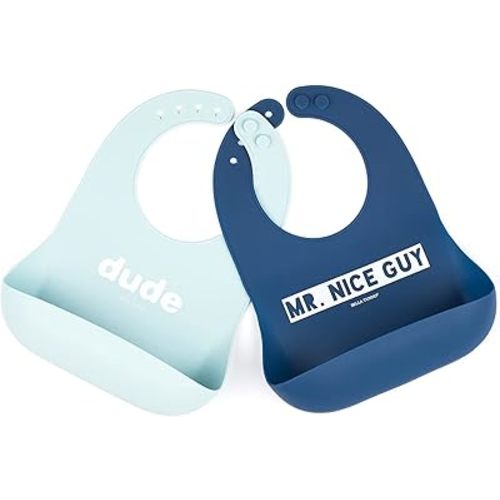 Bella Tunno Wonder Bib 2pk - Adjustable Silicone Baby Bibs for Girls & Boys, Durable and Waterproof BPA Free Silicone, Mr. Nice Guy & Dude (WBS114)