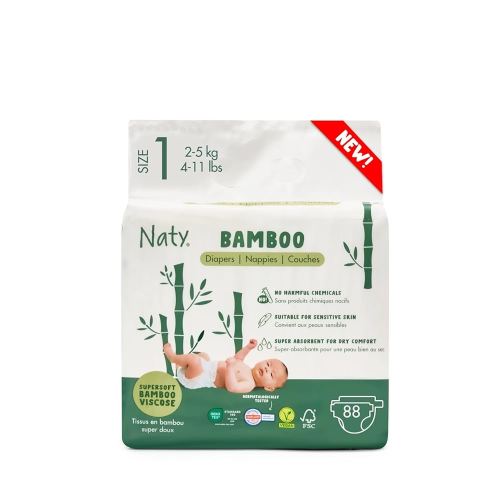 Naty Bamboo Viscose Baby Diapers – Silky Soft, Plant Based, Dermatologically Tested for Sensitive Skin & Super Absorbent (Size 1, 88 Count)