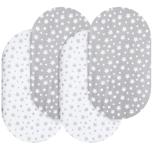 Bassinet Sheets Set 4 Pack for Baby Boy, Universal Fit for Oval, Hourglass and Rectangular Mattress, Grey Stars