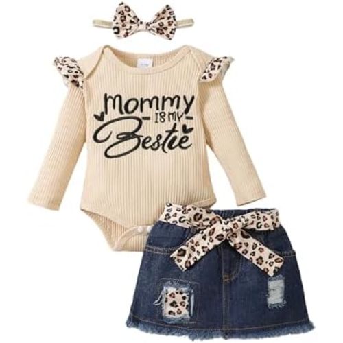 Kucnuzki Baby Girl Clothes Newborn Baby Girl Outfit Long Sleeve Romper Jean Denim Skirt Set Infant Baby Clothe for Girls