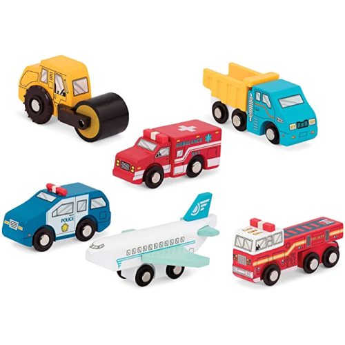Battat - Wooden Vehicles – Miniature Wooden Toy Cars & Trucks Including Toy Airplane, Steamroller, & Police Car for Toddlers 3-Years-Old & Up (6-Pcs)