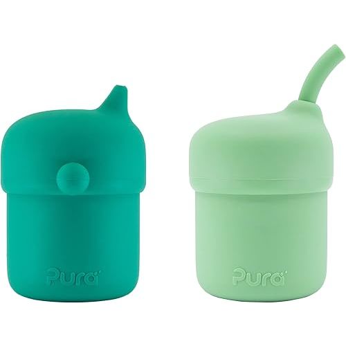 Pura my-my Silicone Sippy Cup - Training Cup, Reusable, Platinum Food Grade Medical Grade, Spill Proof Cups for Kids, Toddlers, Babies & Infants - 2-Pack Mint + Straw, Moss Combo