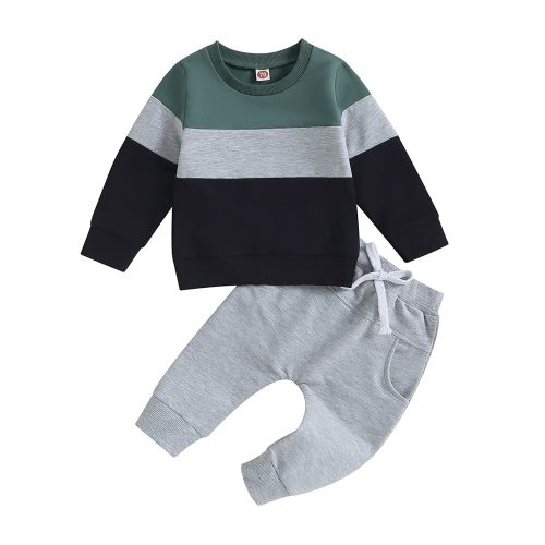 Kupretty Toddler Baby Boy Fall Winter Clothes Color Block Long Sleeve Sweatshirt Pullover Tops + Joggers Pants Outfit Set