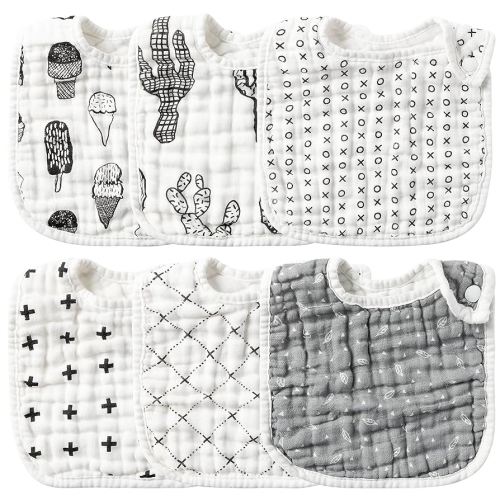 Zainpe 6Pcs Snap Muslin Cotton Baby Bibs Ice Cream Cactus Pattern Black Infants Feeding Bib Adjustable Machine Washable Unisex Burp Cloths with 6 Absorbent & Soft Layers for Drooling Teething Eating