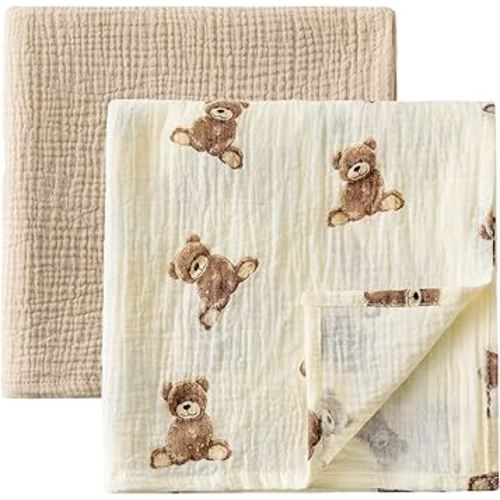 Little Jump 2-Pack Cotton Muslin Swaddle Blankets for Baby Boys Girls Unisex - Boho Teddy Bear Baby Blanket Nursery Swaddling Blankets- Large 47 x 47 inches Receiving Blanket Neutral (Teddy Bear)