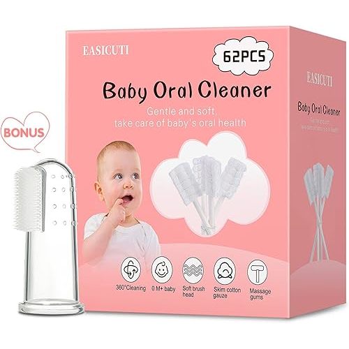 62PCS Baby Tongue Cleaner, Baby Oral Cleaner Newborn Baby Toothbrush,Disposable Infant Toothbrush Clean Baby Mouth,Gauze Gum Cleaner Stick Dental Care for 0-36 Month Baby+1 Finger Toothbrush with Case